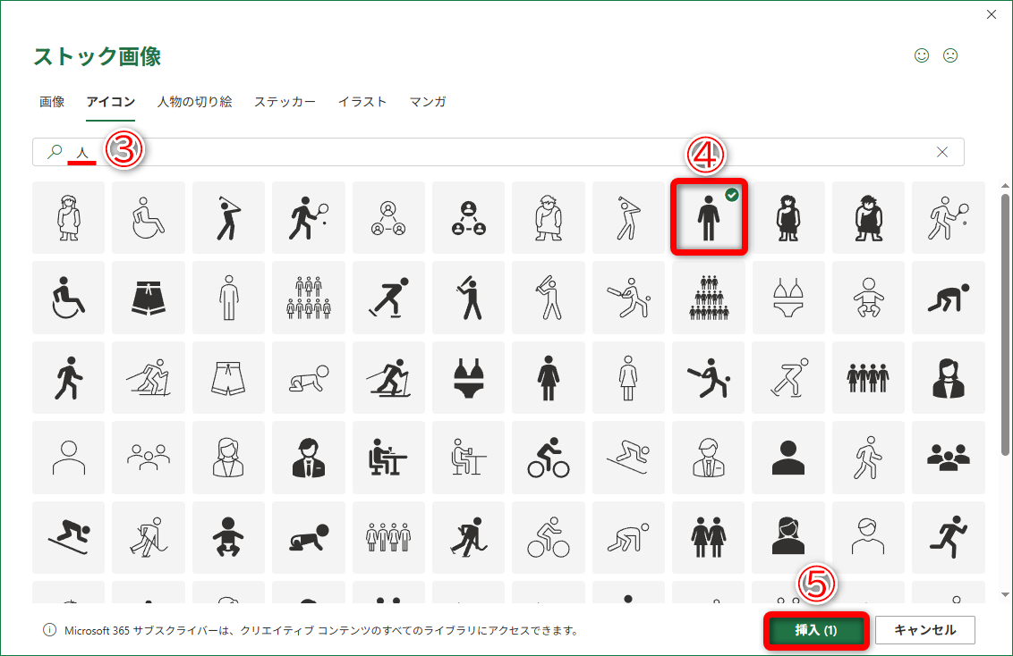 「人」と入力して人型のアイコンを検索します（③）。挿入するアイコンを選択して（④）、［挿入］（⑤）をクリックします