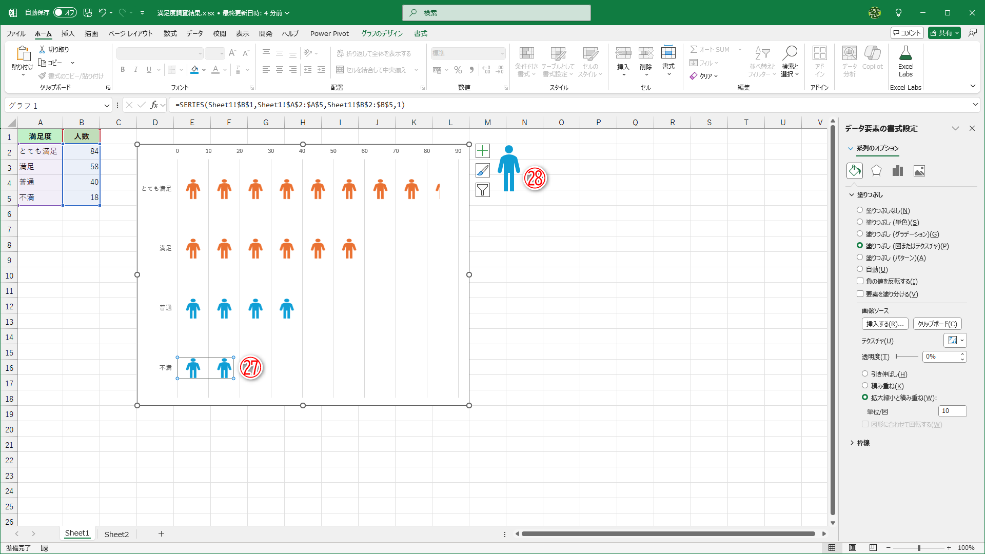 残りの系列も塗りつぶし直せました（㉗）。素材として使ったアイコン（㉘）は削除して構いません