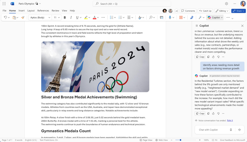 会話が終了すると［Copilot］ペインにこれまでの会話がテキストで記録される