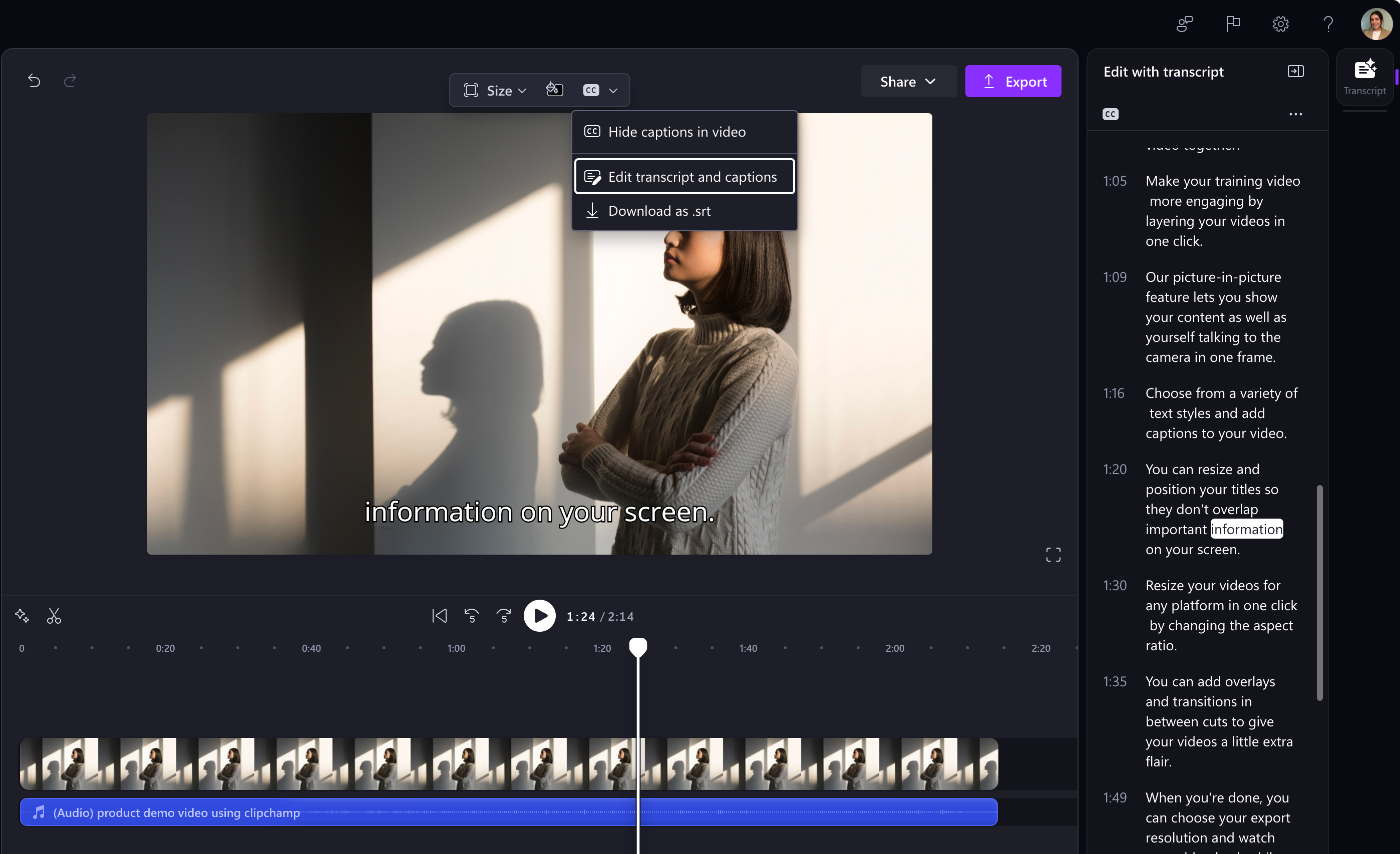 タイムラインの操作は不要、トランスクリプトテキストの削除がそのまま動画トリミングに反映される