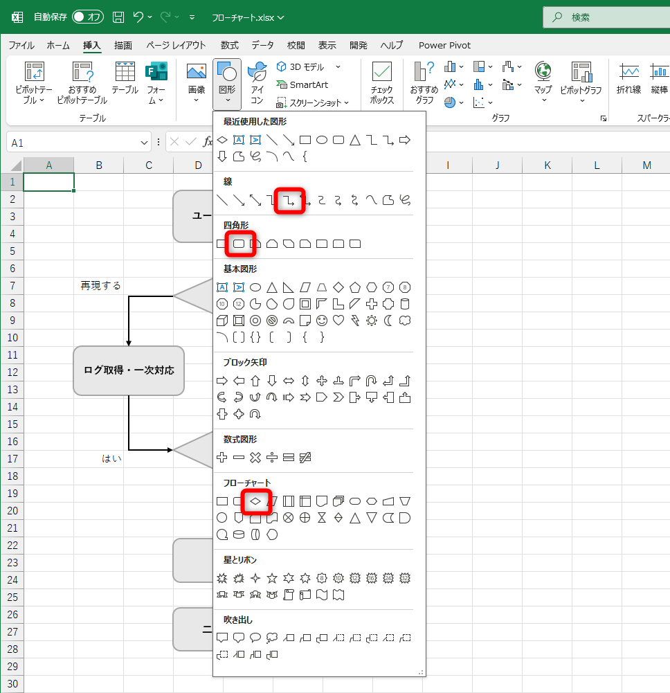 四角形やテキストボックス、線などを選択してドラッグすれば描画できる