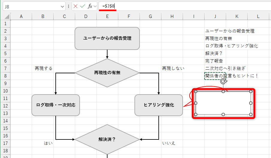 テキストボックスを挿入して、セルをリンクし直す