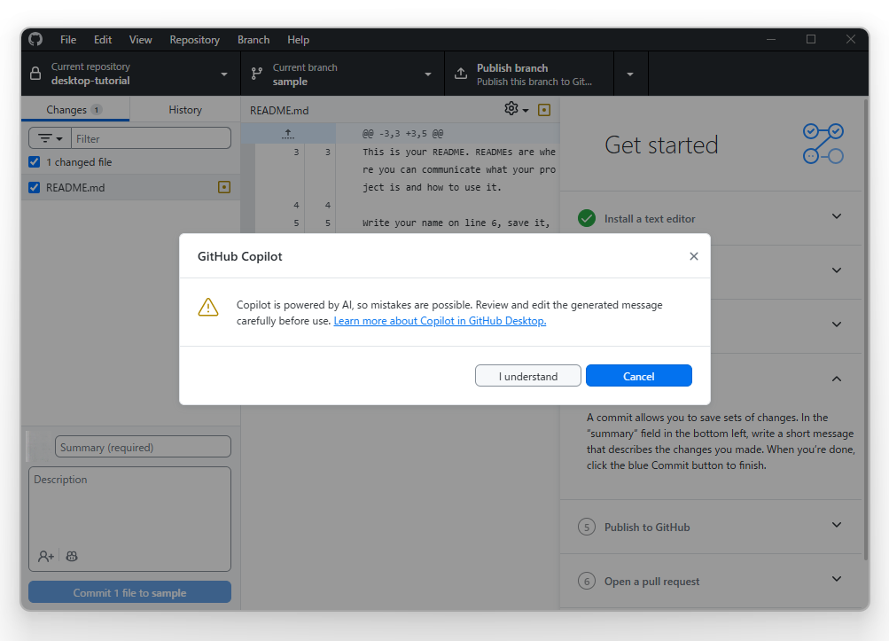 初回利用時には警告が表示される。「Visual Studio Code」などで使える「GitHub Copilot」に比べると機能は制限されており、たとえば生成されるメッセージは英語のみだ