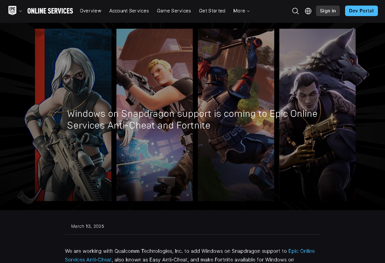 「フォートナイト」が「Snapdragon X」シリーズに対応すると発表したWebサイト