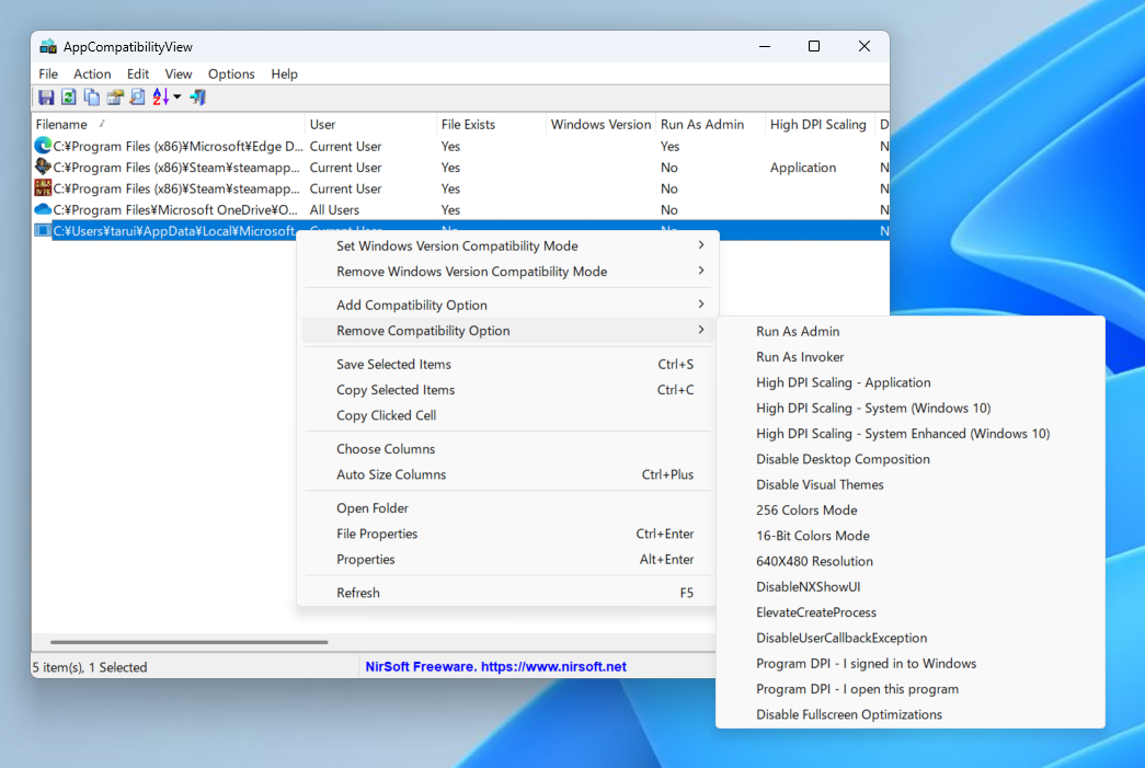 互換性オプションの追加や削除は、［Edit］メニューやアイテムの右クリックメニューから