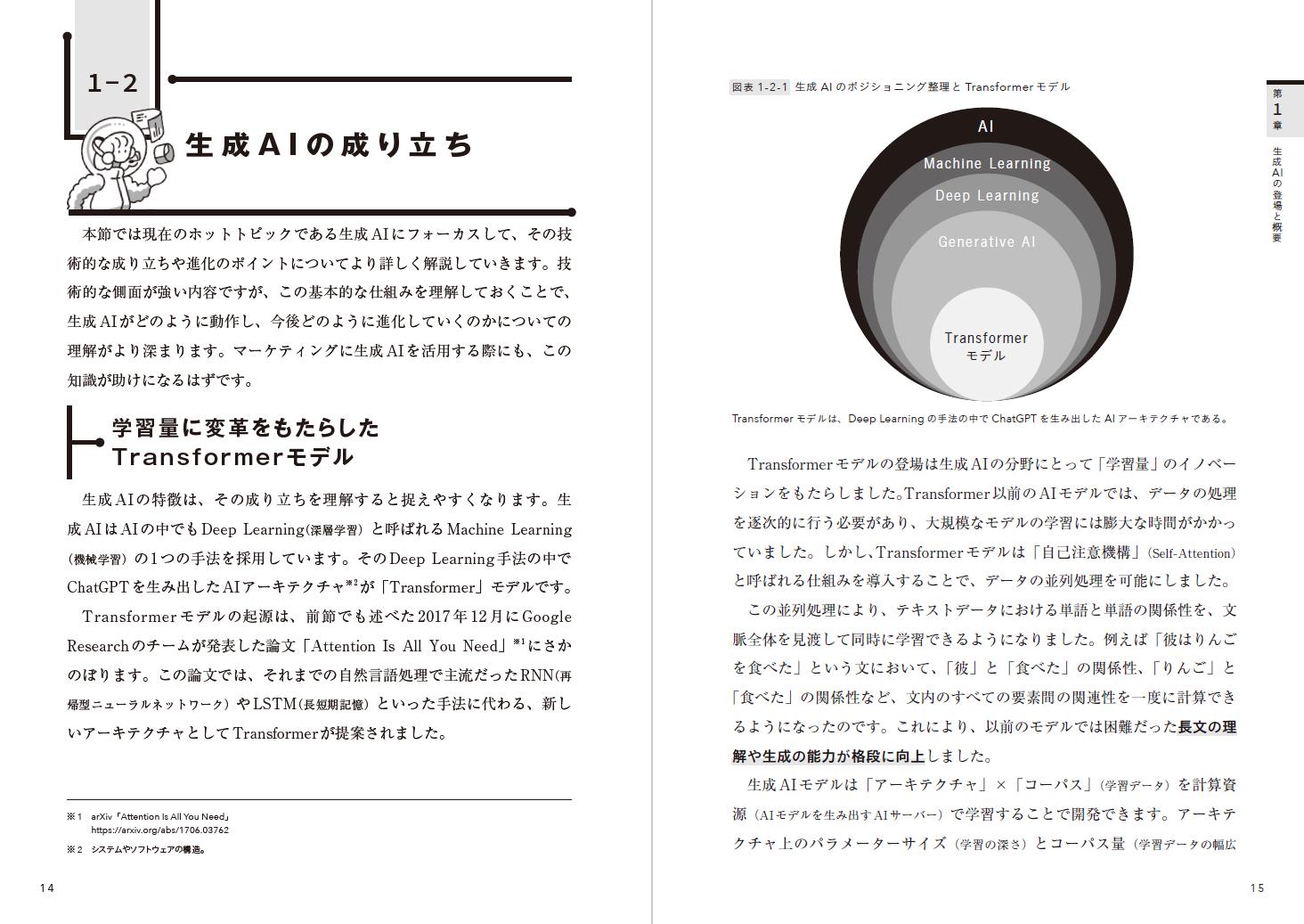 生成AIについて、図版も交えながら解説。特に、技術的な背景は、非エンジニアでも仕組みが理解できるよう、わかりやすく解説されている