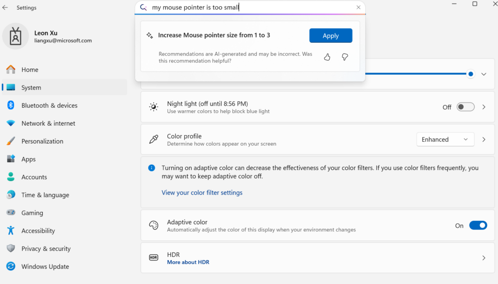 現在「Copilot+ PC」でテスト中の「設定」アプリの検索エージェントで用いられる「Mu」