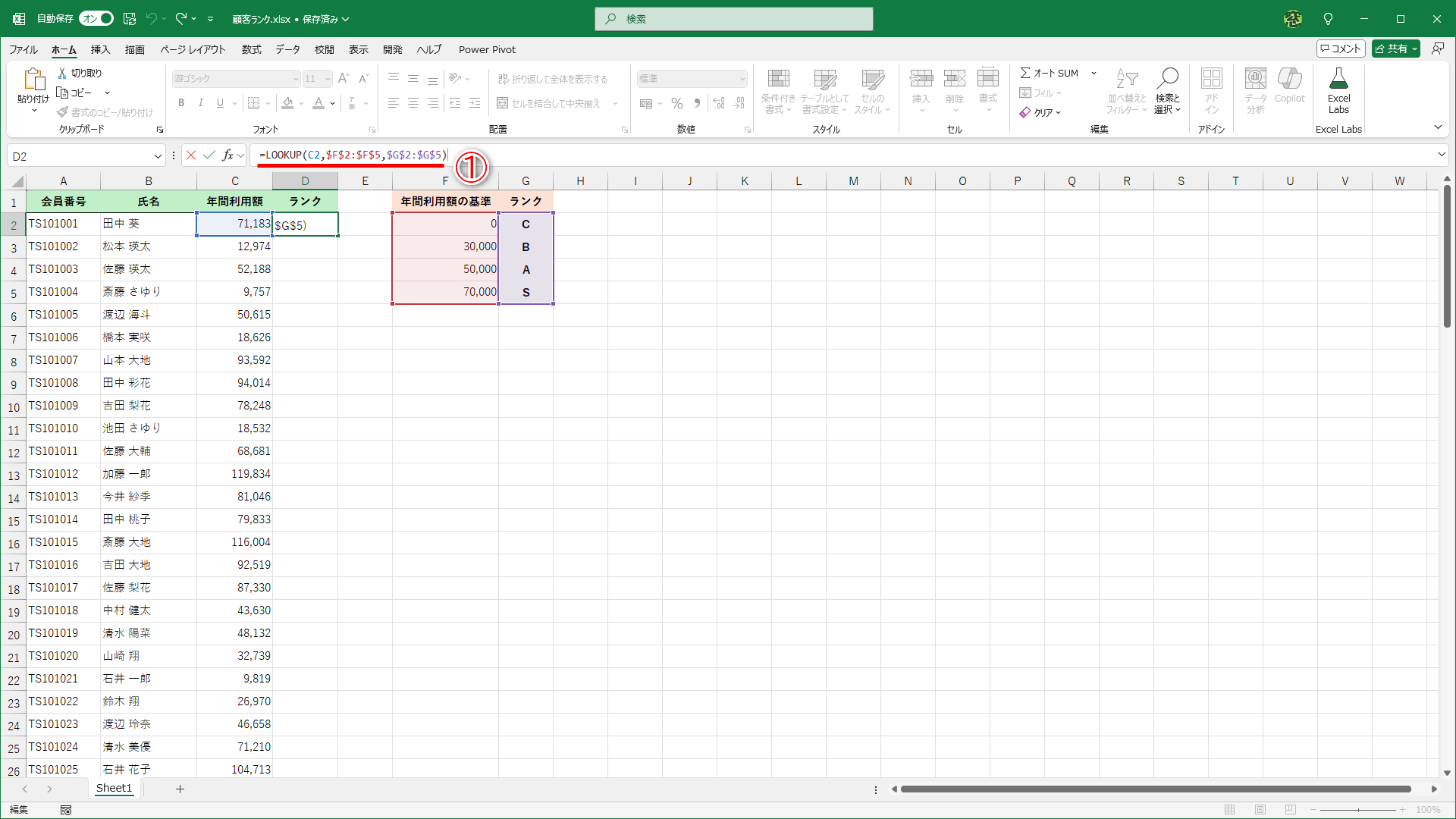 セルD2に「=LOOKUP(C2,$F$2:$F$5,$G$2:$G$5)」と入力します（①）