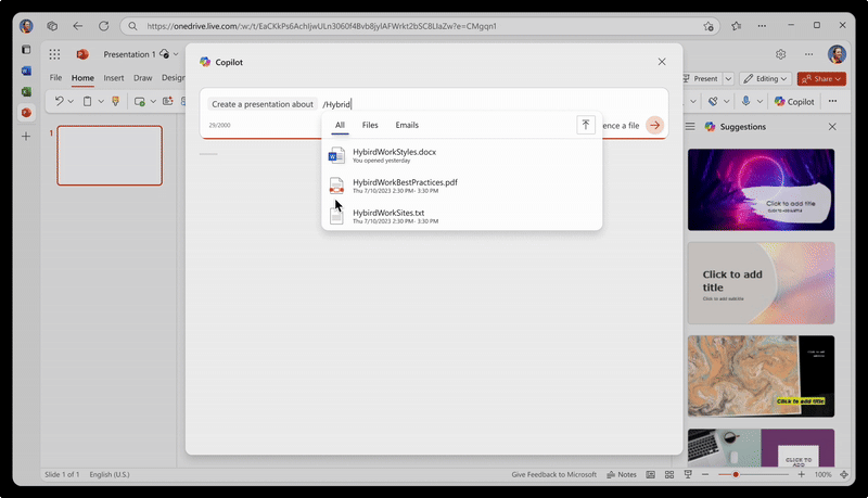 「OneDrive」や「SharePoint」に保存されているテキストファイルやPDFドキュメントを参照して、「Microsoft 365 Copilot」に「PowerPoint」プレゼンテーションを作成してもらう機能