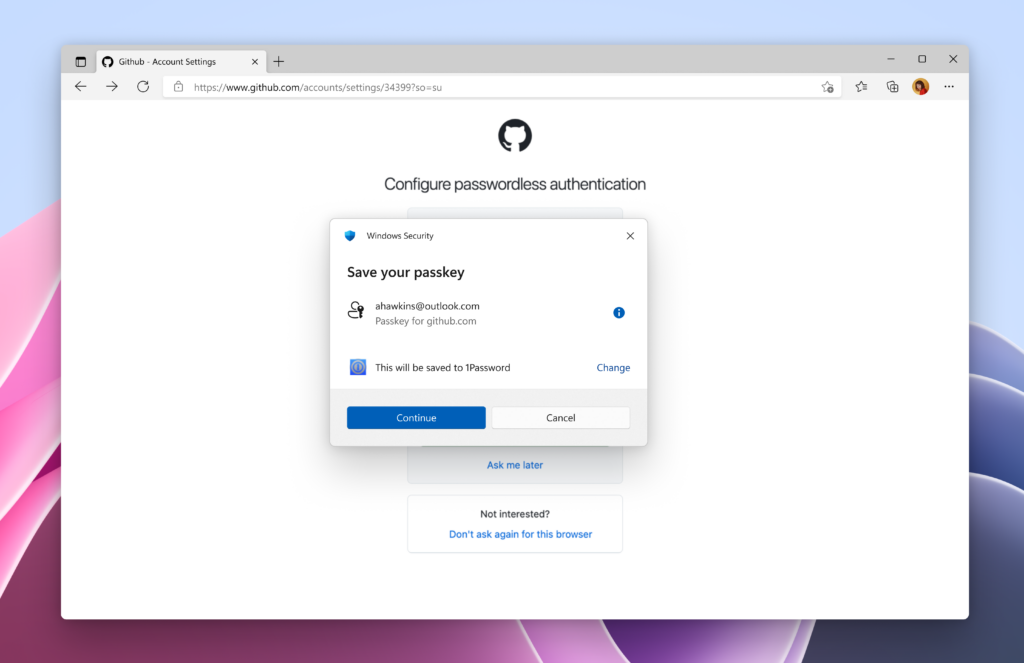 「1Password」へパスキーを保存