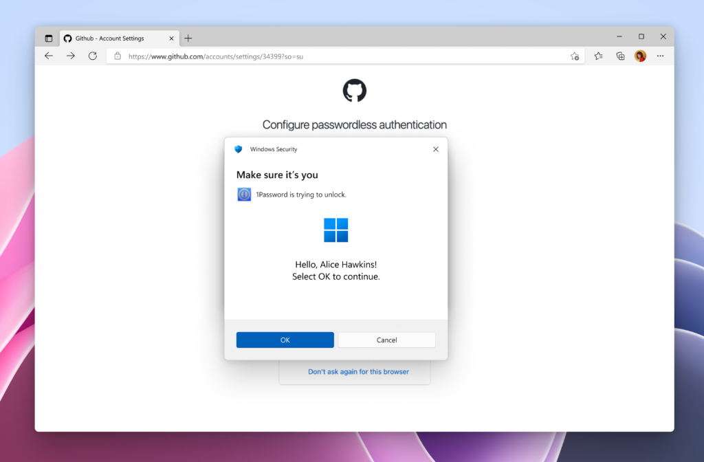「Windows Hello」認証ですばやく「1Password」のパスキーへアクセス