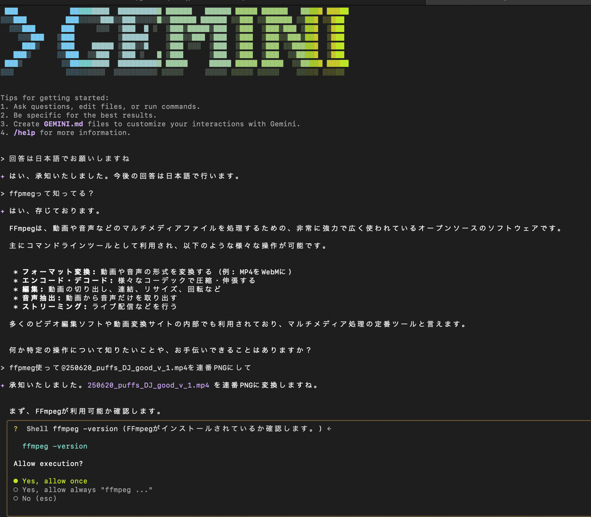 FFmpegがインストールされていることを確認できました。