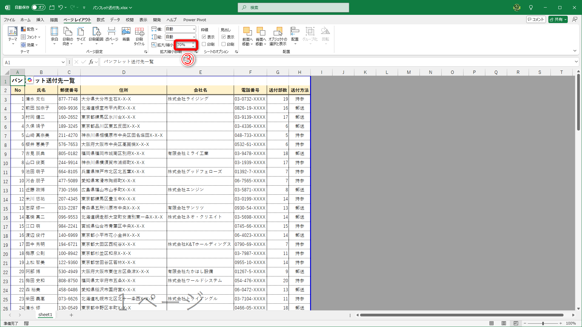 1ページに収まったように見えますが、印刷倍率を見ると「70%」となっています（③）。「10.5」や「11」といったフォントサイズを80％以下で出力すると、小さすぎて読みにくいと感じます