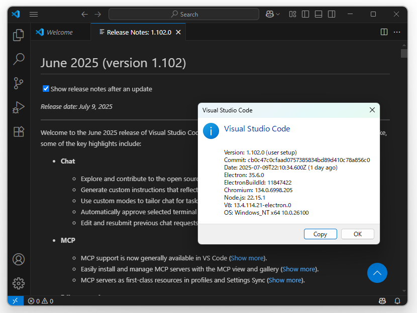 「Visual Studio Code」の2025年6月アップデート（v1.102.0）
