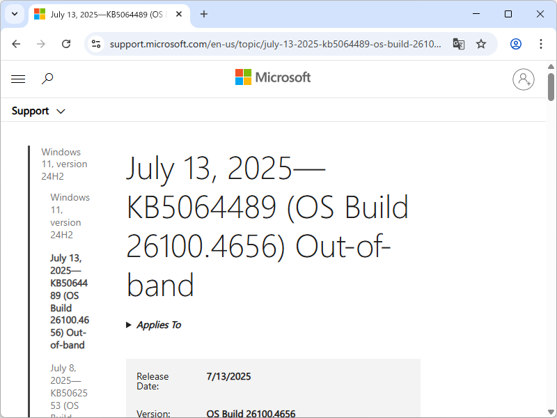 Microsoft、「KB5064489」を定例外（OOB）リリース