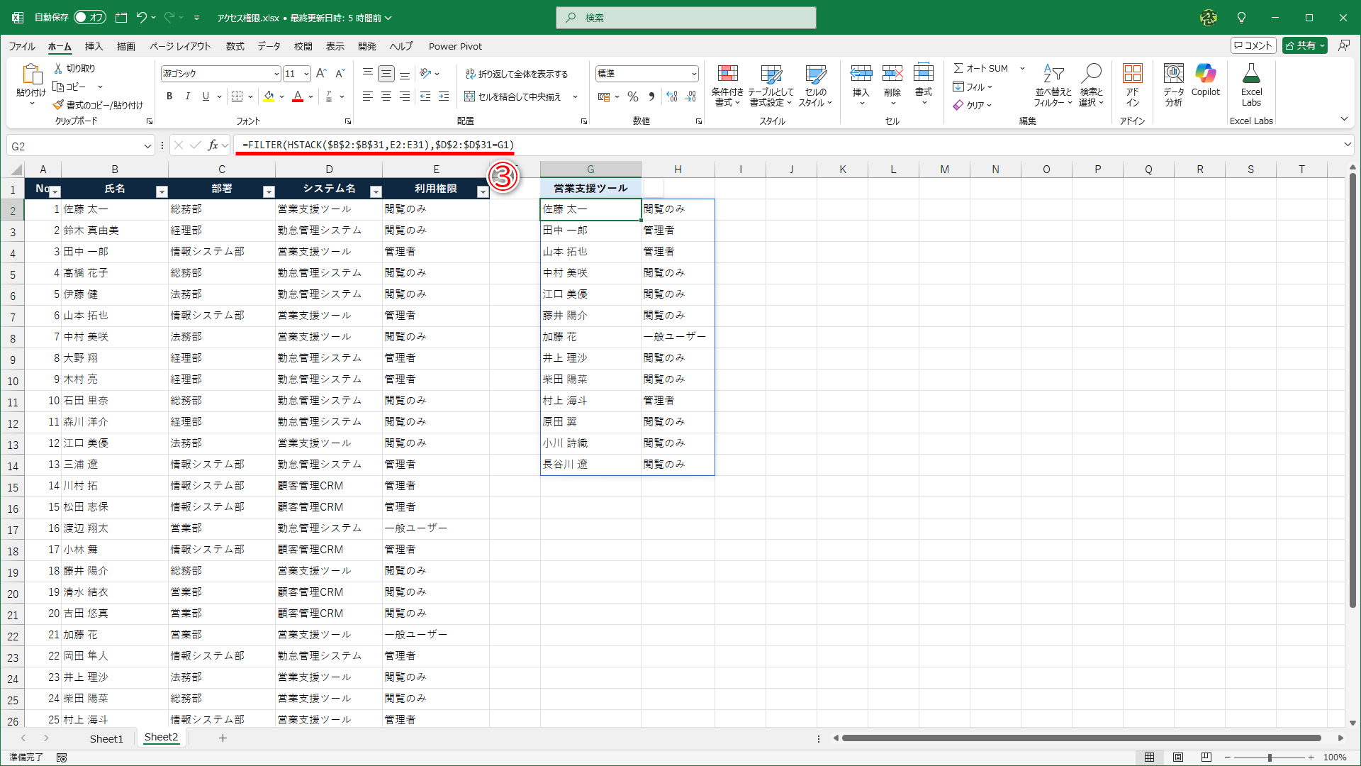 「=FILTER(HSTACK($B$2:$B$31,E2:E31),$D$2:$D$31=G1)」（③）と入力すると、氏名と利用権限を同時に取り出せます