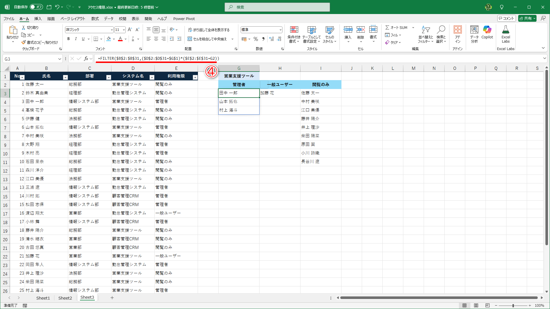 セルG1には「営業支援ツール」、セルG2には「管理者」と入力してあります。セルG3に「=FILTER($B$2:$B$31,($D$2:$D$31=$G$1)*($E$2:$E$31=G2))」（④）と入力すると、「営業支援ツール」かつ「管理者」の氏名が表示されます。セルH3の数式では「$E$2:$E$31=H2」、I3の数式では「$E$2:$E$31=I2」となっています