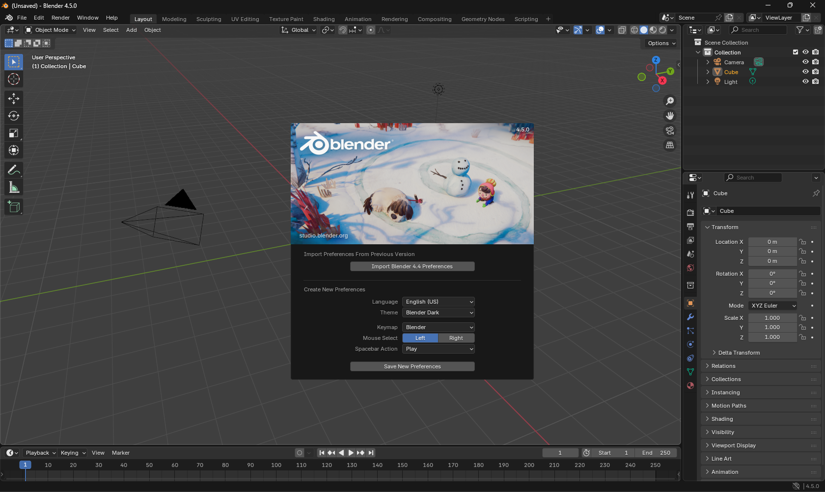 「Blender」v4.5のスプラッシュ画像。使用されている画像はBlender Studioによるゲームプロジェクトの<a href="https://studio.blender.org/blog/dogwalk-release-date/" class="n" target="_blank">「DOGWALK」</a>より