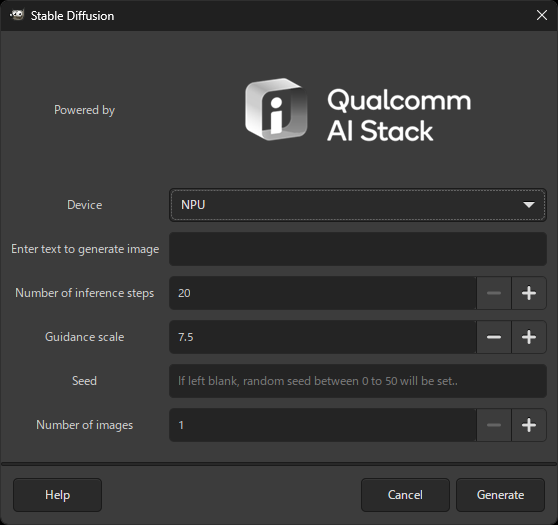 「Qualcomm AI Stack」と書かれたウインドウが開く。本プラグインの操作はここだけで、とてもシンプル