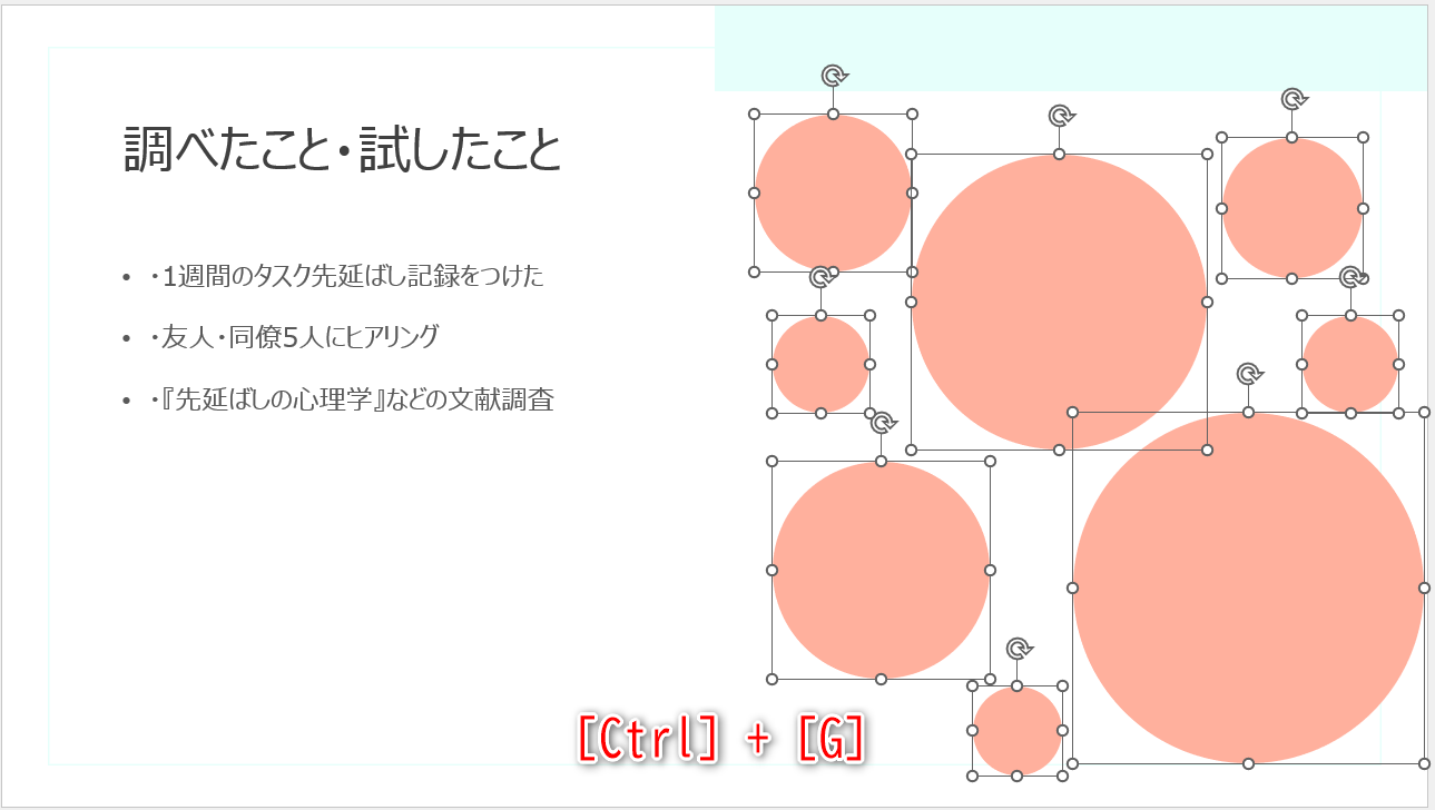 すべての図形を選択して［Ctrl］＋［G］キーを押すと、グループ化される