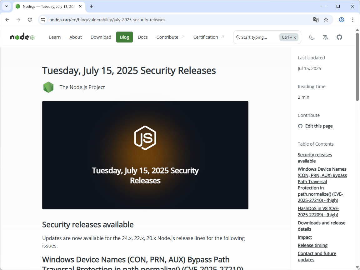 「Node.js」でセキュリティアップデートが実施