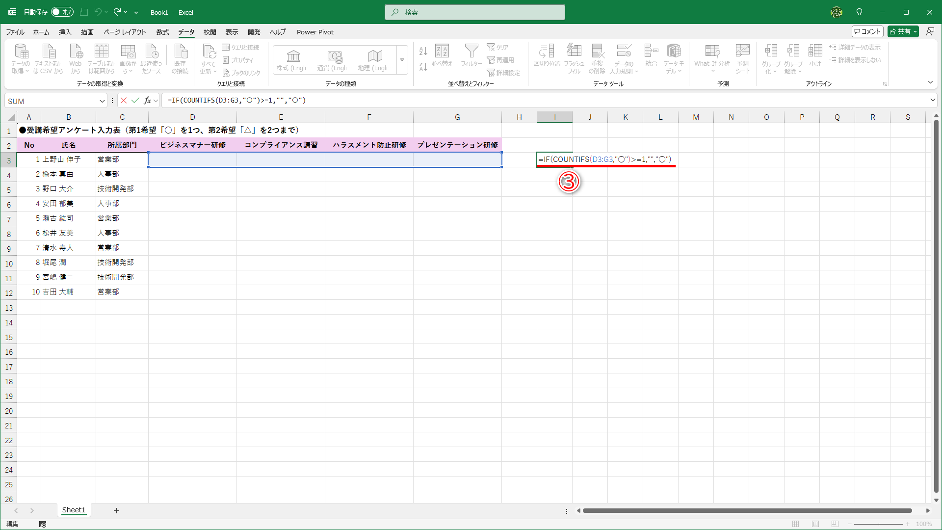 セルD3～G12の内容は消去しておきます。セルI3に「=IF(COUNTIFS(D3:G3,"○")>=1,"","○")」と入力します（③）