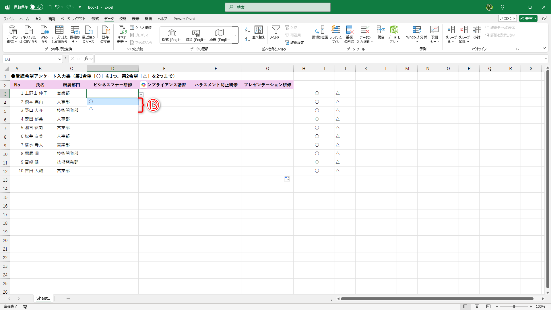 何も入力されていない状態では「○」と「△」がドロップダウンリストに表示されます（⑬）