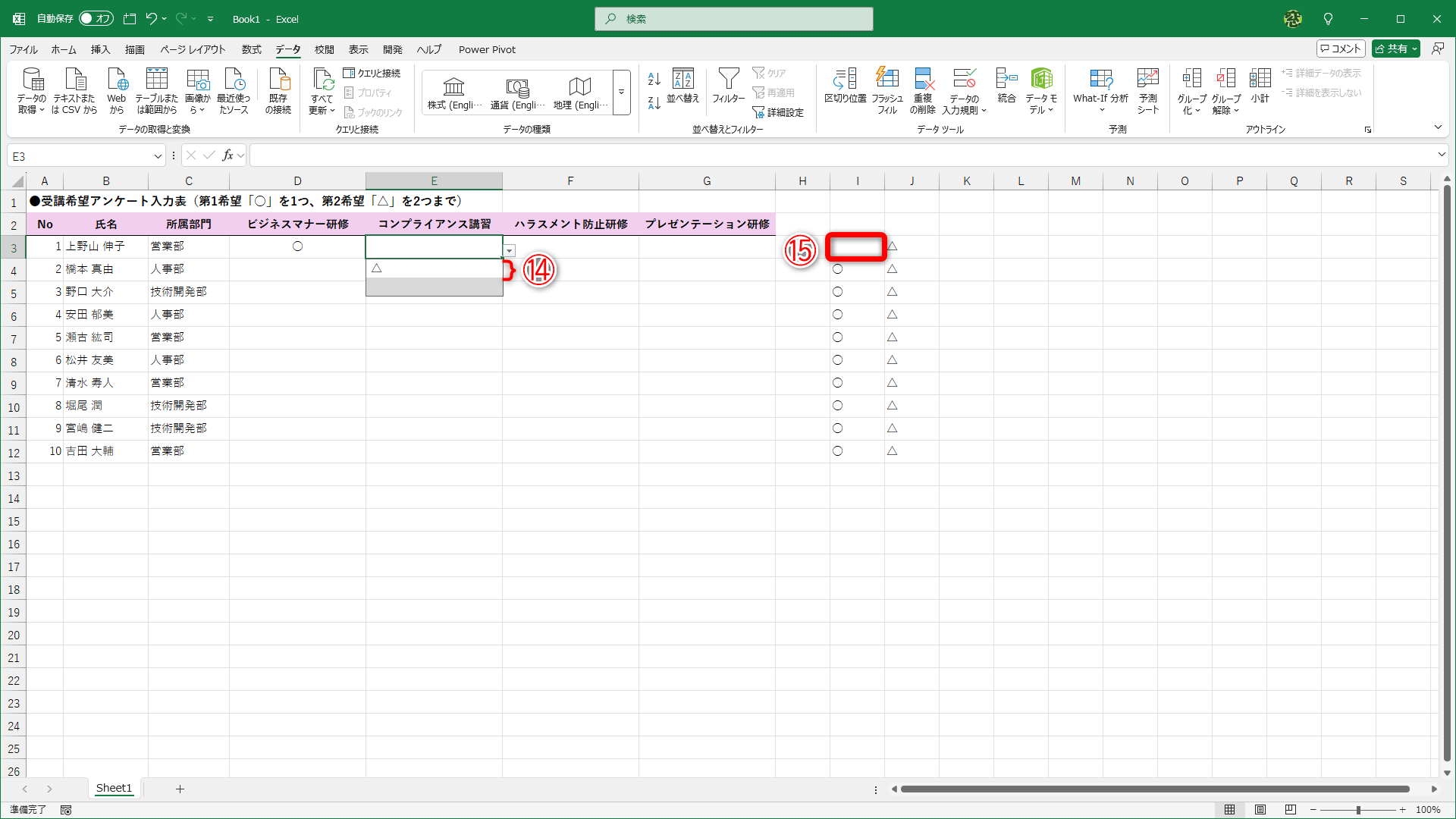 隣の列では入力済みの「○」は非表示になり、「△」だけが選択できるようになります（⑭）。セルI3も非表示になっていることがわかります（⑮）