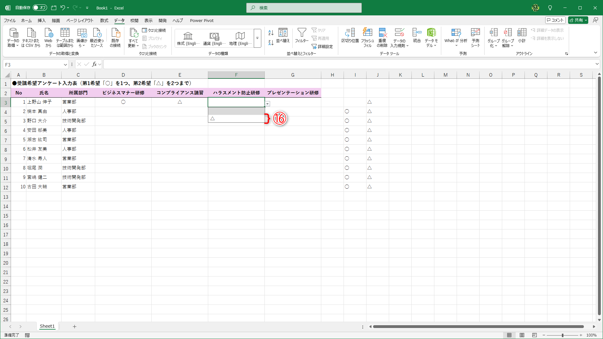 さらに隣の列も同様。「△」は選択可能で「○」は非表示です（⑯）