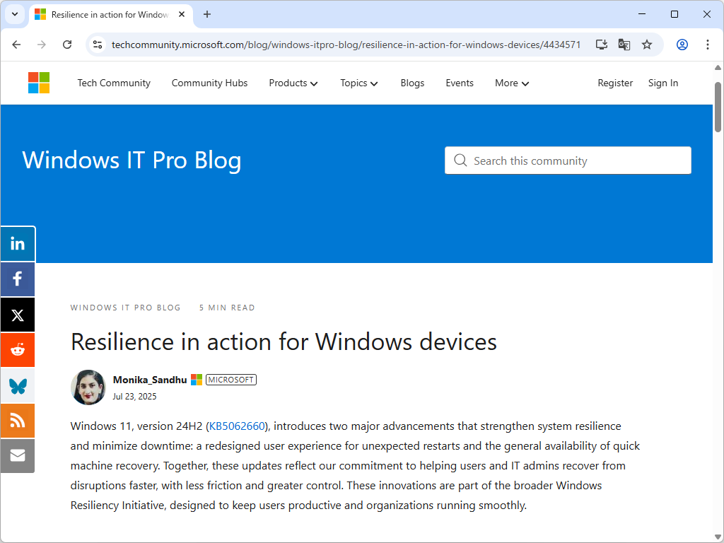 公式ブログ「Windows IT Pro Blog」におけるアナウンス