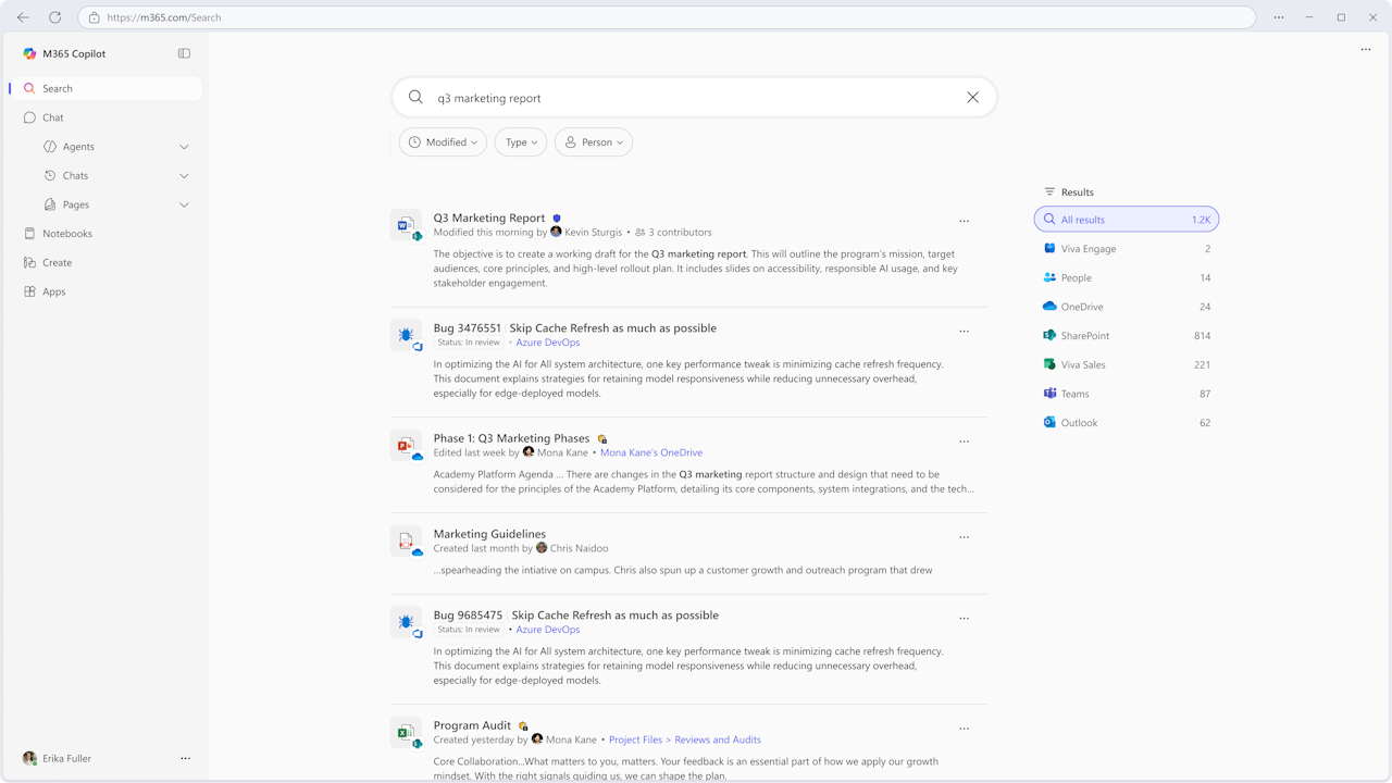 文脈に即してAIが「Microsoft 365」コンテンツを横断検索。カスタムコネクターを使えば、Microsoft以外のサービスも対象にすることができる