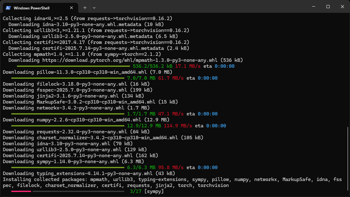 PowerShellで最後のコマンドを入力すると、ダウンロードとインストールが進んでいく。初回はこのような画面が続き、かなり長時間かかる
