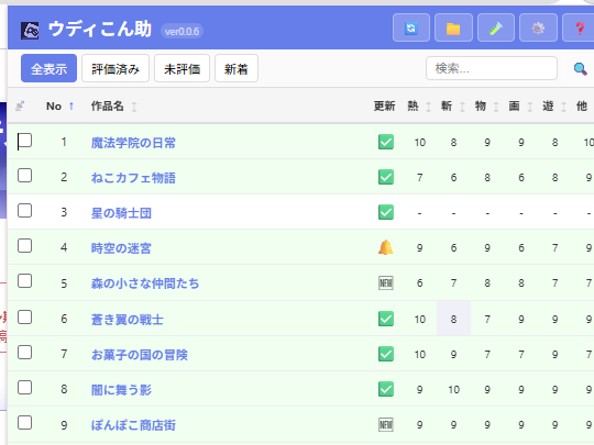 ゲームの一覧。未評価、新着、更新ありなどの審査管理が可能