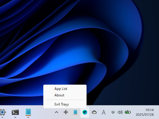 「Trayy」を起動してタスクトレイの右クリック。メニューを開いてアプリリストへアクセスする