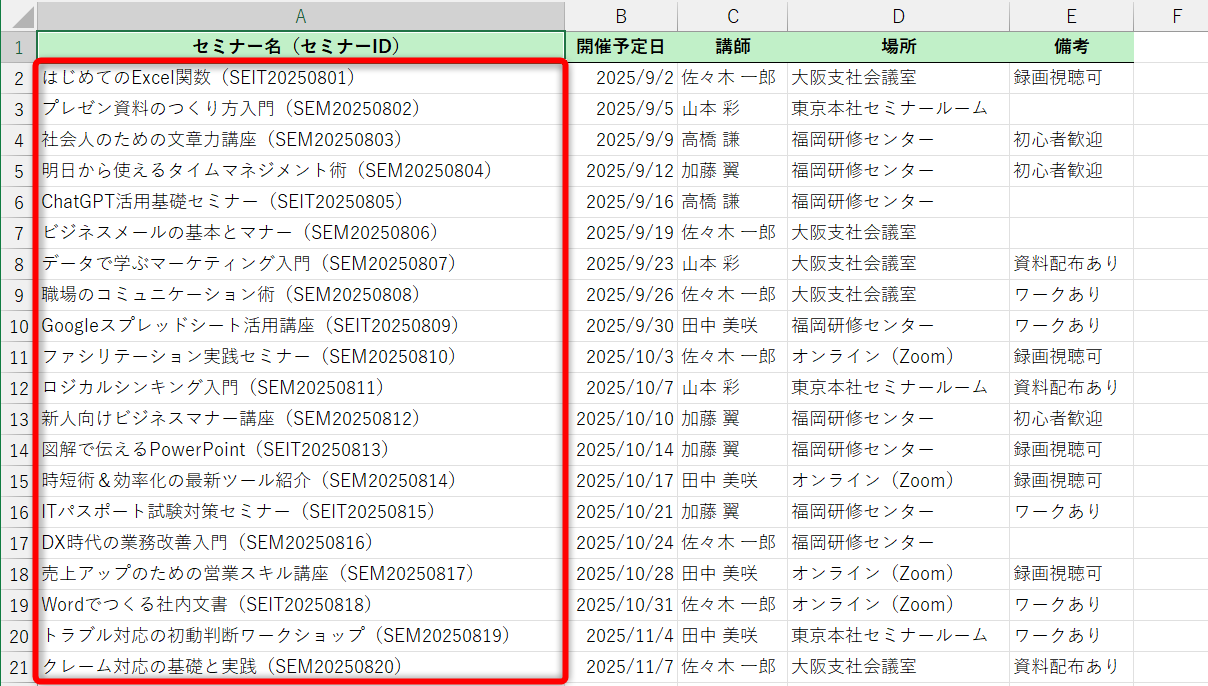 セミナー名とセミナーIDが1つのセルに入力されており、データベースとして整えられていない
