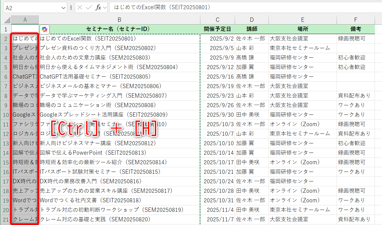 作業列としてA列を挿入してB列の内容を貼り付けてある。セル範囲を選択して［Ctrl］＋［H］キーを押す