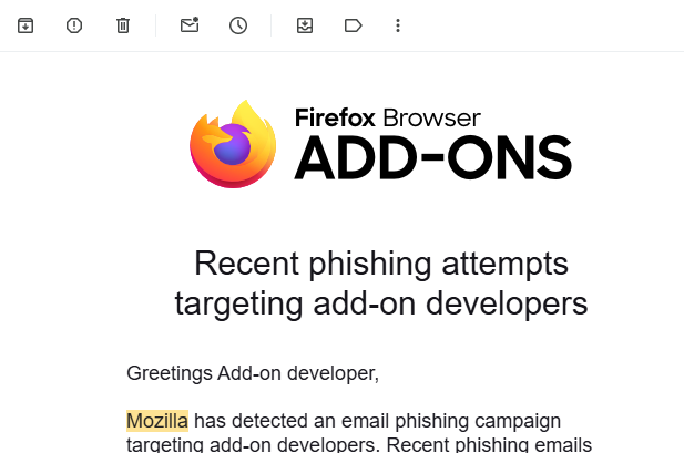 フィッシングへの注意を喚起するメール。こうしたメールにも騙されないように留意したい