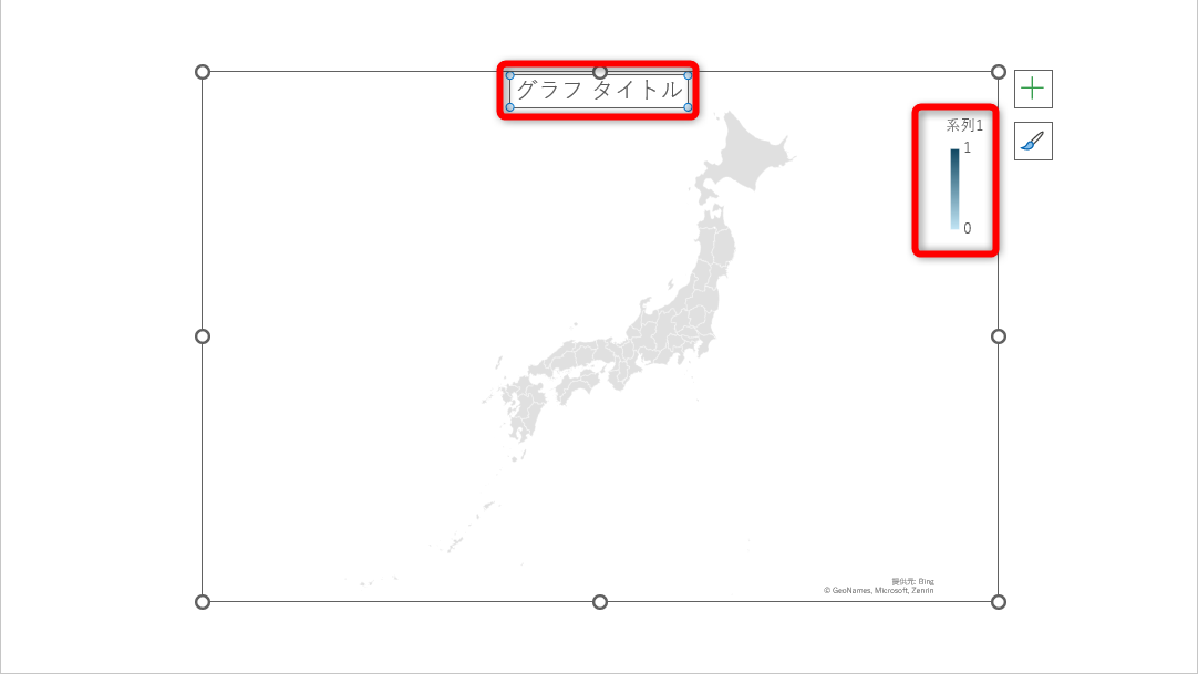 Excelのウィンドウを閉じると日本地図に切り替わっていることを確認できる。グラフタイトルと凡例を削除しておく