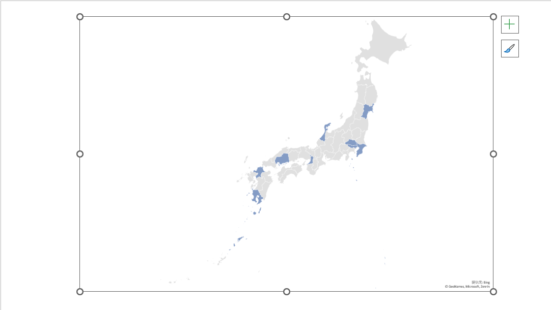 「1」と入力した都道府県が塗りつぶされる。［系列のオプション］から色を変更することも可能