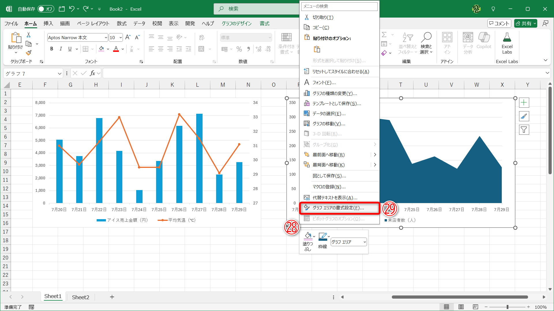 グラフの何もないところを右クリック（㉘）して、［グラフエリアの書式設定］（㉙）を選択します