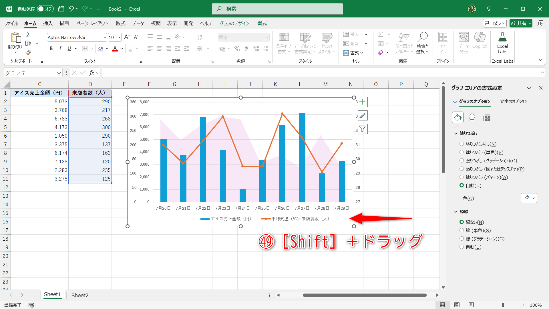 ［Shift］キーを押しながら面グラフを左にドラッグして（㊾）、重なる位置を微調整します