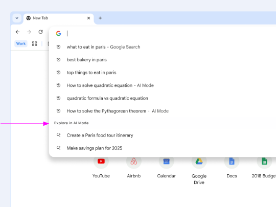 展開されたオムニバーでAIモードがお勧めの検索クエリを提案