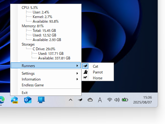 右クリックメニューでリステムリソースの利用状況を確認できるように
