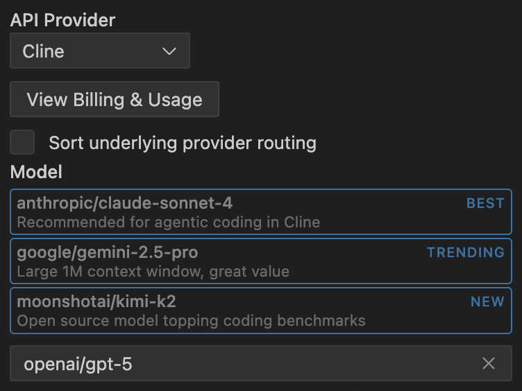 「Cline」でも「GPT-5」が利用可能