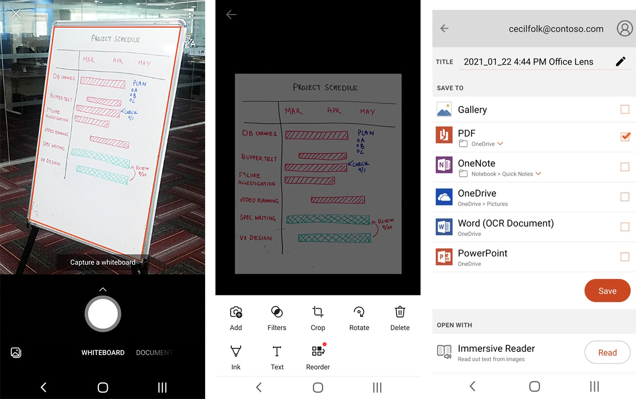 「Microsoft Lens」モバイルアプリ。写真で撮影した書類を補正して、PDFファイルなどへ変換することができた
