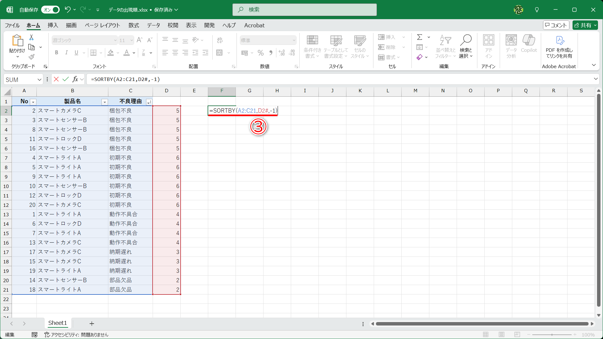 セルF2に「=SORTBY(A2:C21,D2#,-1)」と入力します（③）