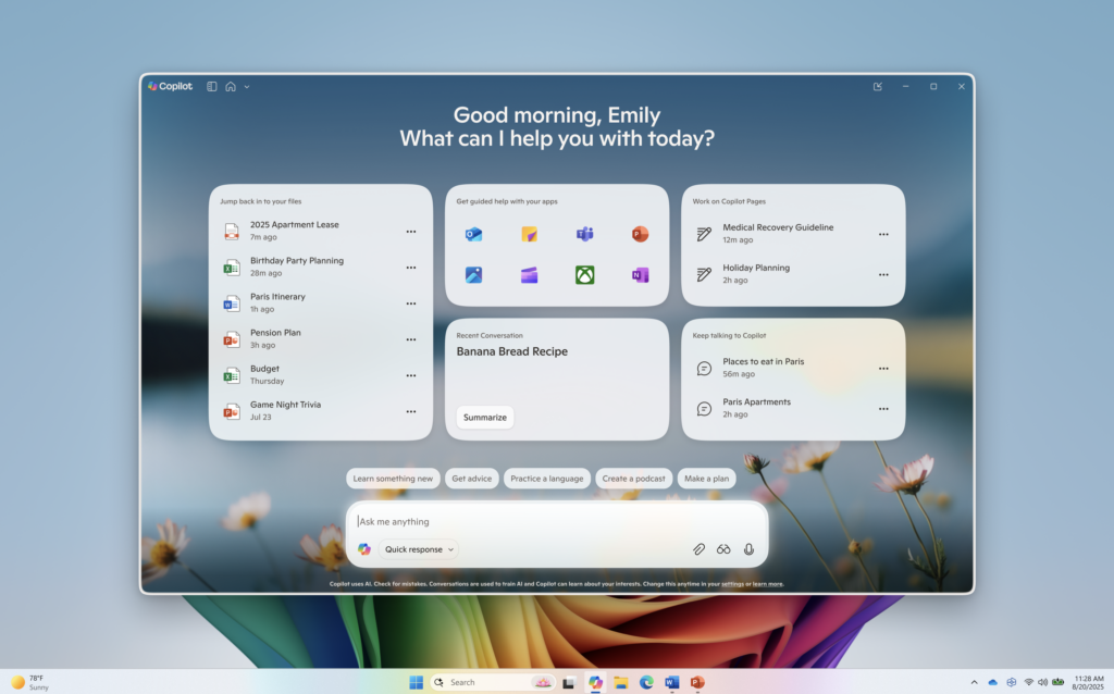 「Copilot」アプリの新しいホーム画面