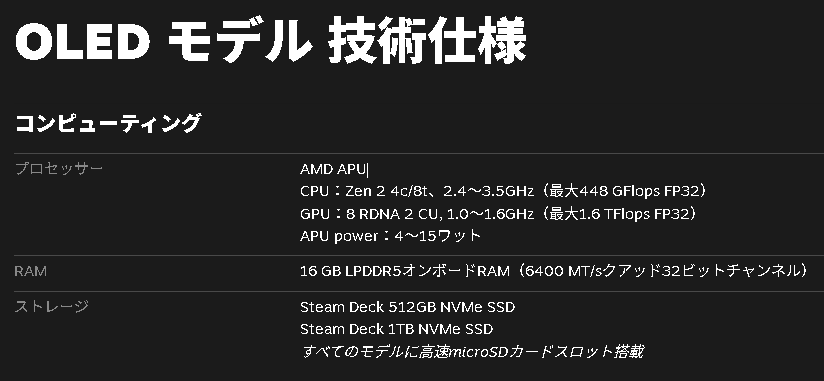 「Steam Deck OLED」のスペックの一部。「ROG Xbox Ally」はかなり近い性能と思われる