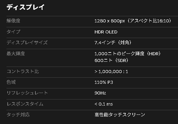 「Steam Deck OLED」のスペックの一部。「ROG Xbox Ally」はかなり近い性能と思われる