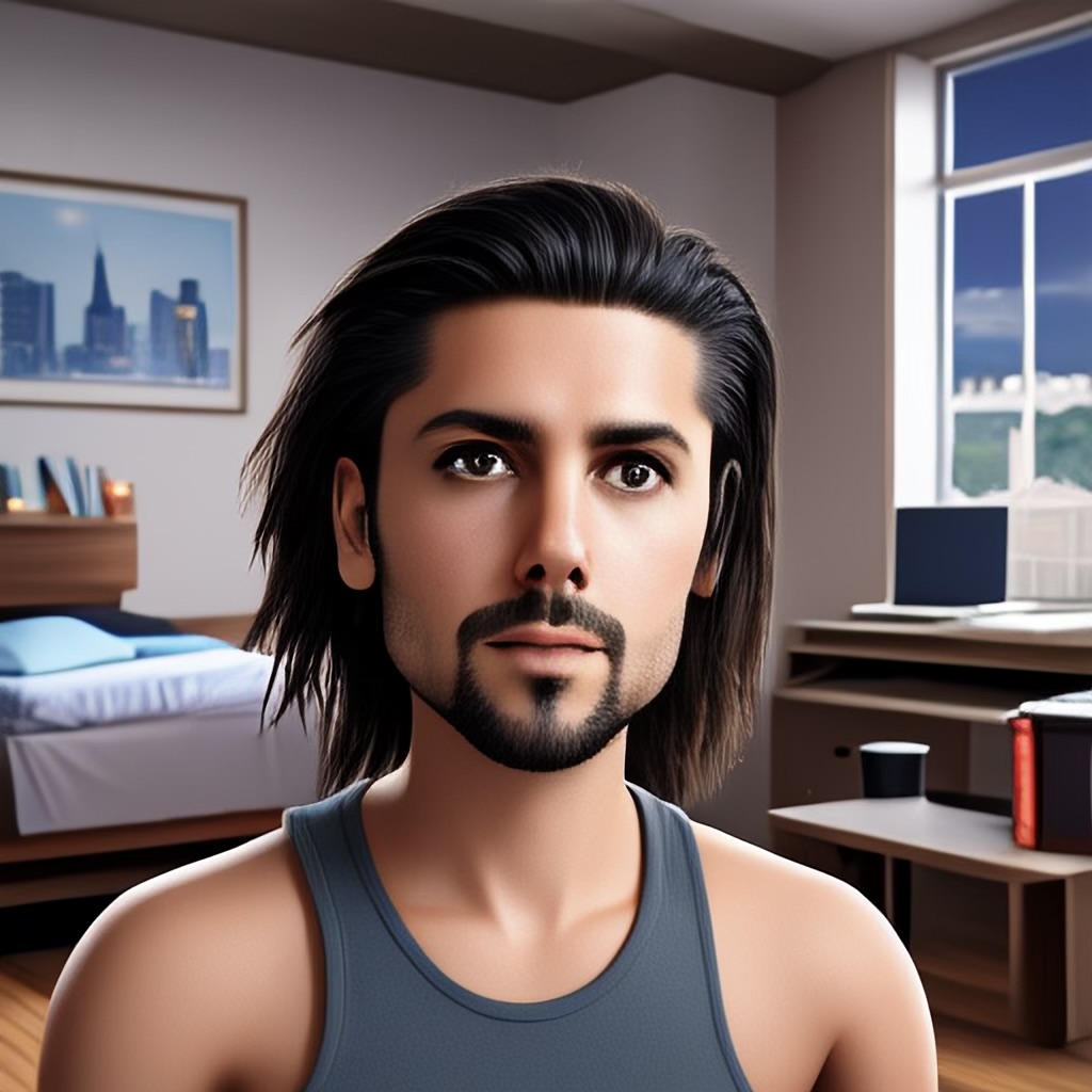 かろうじて近い容姿の人物をチョイスして完成。机の横のベッド、窓、タンクトップなどの条件は守られているが、イメージには程遠い